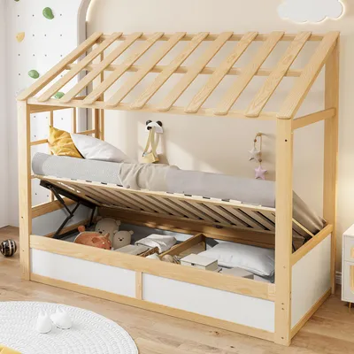 Produktbild von MODFU Kinderbett 90×200 Hausbett mit hydraulischem Stauraum und Ablagefächern, Jugendbett Bettgestell mit Liegefläche, Weiß/Natur(ohne Matratze)