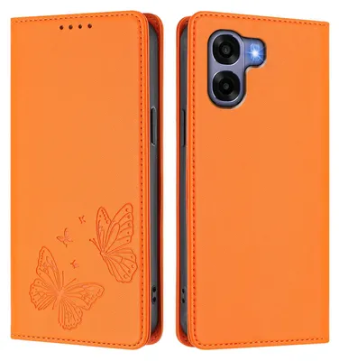 Image de Étui en cuir pour Oppo A6X 4G, étui de protection type portefeuille en cuir gaufré motif papillon avec support, couleur orange