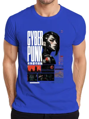 Immagine prodotto di T-shirt da uomo, stile cyberpunk, con immagini di cyborg, fantascienza, anime, techwear, ispirato al Giappone e allo stile Y2K, colore blu, taglia M
