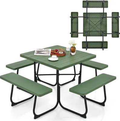 Produktbild von KOMFOTTEU Bierzeltgarnitur für 8 Personen, Quadratisches Picknicktisch Set mit Schirmloch & 4 Bänken, Gartenmöbel Set aus HDPE & Metall, Gartengarnitur Sitzgarnitur für Terrasse (Grün)