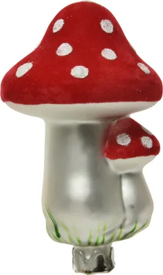Produktbild von Christbaumschmuck Glas Fliegenpilze mit Samthut auf Clip 12cm rot