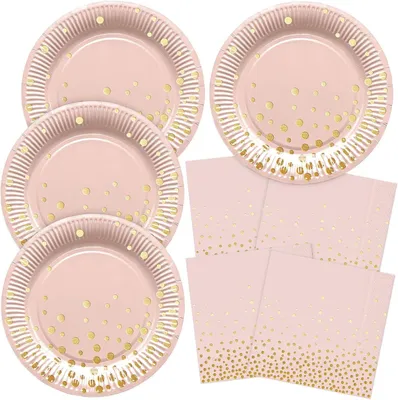 Productafbeelding van Rosa Papplaatjes-set met goudkleurige stipjes, set van 40 stuks, inclusief servetten