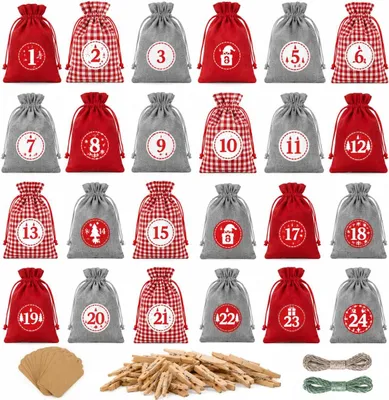 Imagen del producto de Calendario de adviento para rellenar, modelo de saquitos, con 24 saquitos, 24 etiquetas con números y 24 clips. Set reutilizable para hacer tus propios regalos de Navidad