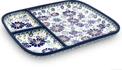 Produktbild von Original Bunzlauer Keramik Snackplatte Servierplatte Platte Teller mit 3-Fächer 25x21x3 cm Design DU126
