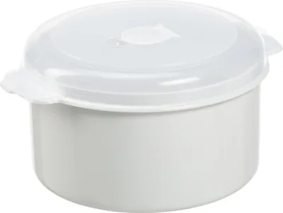 A white round container with a transparent lid.