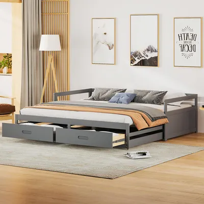 Image de OKWISH Lit Gigogne 90/180x190 cm, Lit avec Rangement, 2 Tiroirs, Bois Gris, Sans Matelas