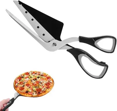Produktbild von Unyqoos® Pizzaschere 2-in-1 aus rostfreiem Edelstahl, 27 cm Gesamt, Klinge 14 cm, abnehmbare Klingen, ergonomischer Gummigriff, spülmaschinenfest