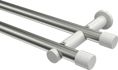 Produktbild von Interdeco Gardinenstange / Vorhangstange Edelstahl-Optik / Weiß, Typ Platon Santo (Kappe) ohne Ringe, 20 mm Ø 2-läufig, 400 cm