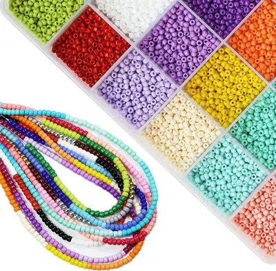 Produktbild von Famanu Rocailles 3 mm Set – Ca. 8400 Stück in 24 Farben – Inklusive elastischem Band zum Armbänder machen