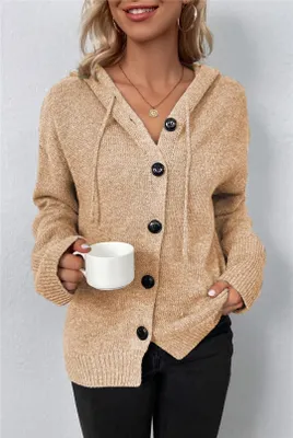 Produktbild von ASKSA Damen Langarm Grobstrickjacke Kordelzug Kurz Strickjacke Herbst Winter Strickmantel mit Kapuze, Khaki, L