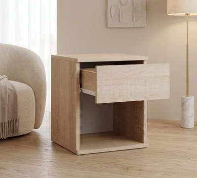 Obrázok produktu pre Nočný stolík Sonoma z dubového dreva v štýle loft | Nočný stolík s 1 zásuvkou a otvorenou policou | Moderný stolík do spálne