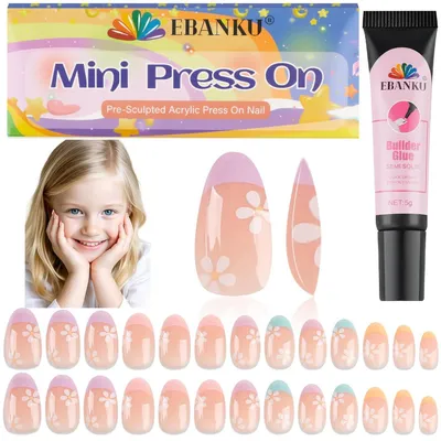 Productafbeelding van Kinder nagelstukjes, 26 stuks, korte, volledig bedekkende acryl nageltips, set met bloemmotieven