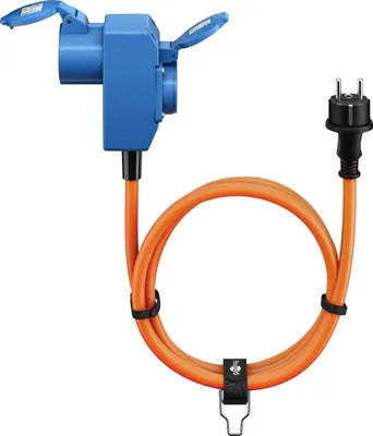 Produktbild von CEE-Adapterleitung, Schutzkontakt-Stecker auf 90° CEE-Kupplung und Schutzkontakt-Kupplung, 1,5 m Campingkabel für Außenbereiche, 16 A / 230 V