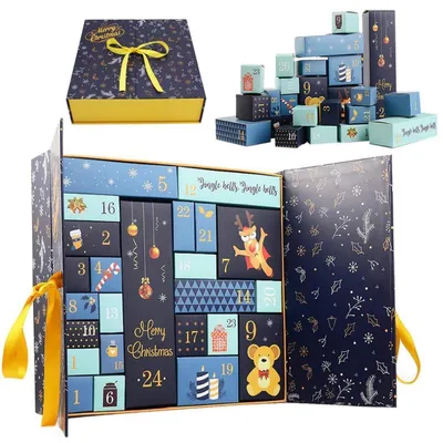 Immagine prodotto di Calendario dell'Avvento da riempire, con 24 scatole, ideale per creare un calendario di Natale personalizzato. Scatole per dolcetti, contenitori per l'organizzazione, colore blu, dimensioni 33x30x8 cm