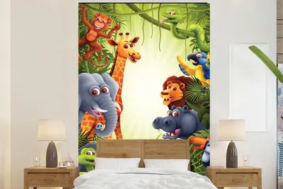 Produktbild von MuchoWow® Fototapete für Wohnzimmer oder Schlafzimmer Wandtapete Vinyl Motivtapete Dschungel - Jungen - Mädchen - Baby - Elefant - Löwe - Giraffe - 225x350 cm - Schlafzimmer tapete