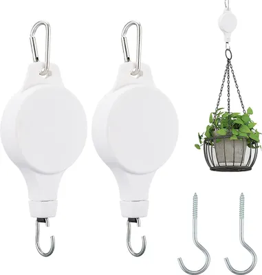 Produktbild von 2er Set Blumenampel Pflanzenrolle Haken, Versenkbarer Aufhänger der Pflanzenrolle, Kann Hoch und Runter Gehoben Werden, Weiß