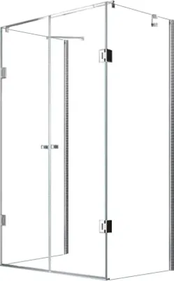 A clear studio shot of a glass shower enclosure.
