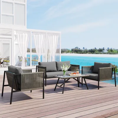 Produktbild von Gartenlounge-Set Lounge-Set, Gartenmöbel 4er-Set mit verzinktem Stahlgestell, Tischplatte aus Glas, PE-Rattan, grau, inklusive Kissen