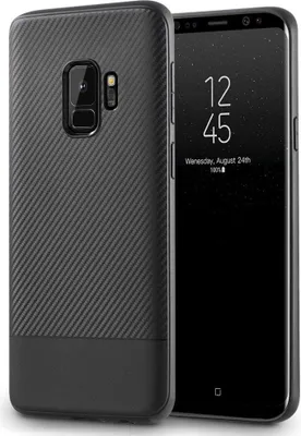A black carbon fiber textured phone case is shown next to a smartphone displaying the time and date.