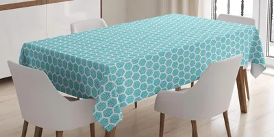 Obrázek produktu pro ABAKUHAUS abstraktní geometrický ubrus, monochromatický vzor symetrických vodních šestiúhelníků, 140 x 240 cm, aqua bílá