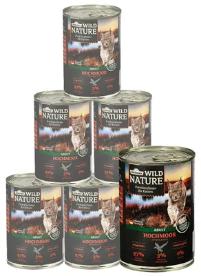 Productafbeelding van Dehner Wild Nature kattenvoer, Hochmoor, natvoer zonder granen, voor volwassen katten, eend/kip, 6 blikken van 400 gram (2,4 kg)