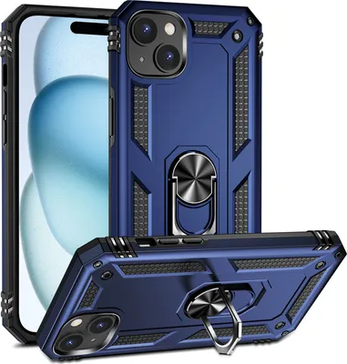 Produktbild von Schutzhülle für iPhone 15 Plus, Dual Layer Militäre Fallschutz Hülle mit Ringhalterung Ständer für iPhone 15 Plus Blau