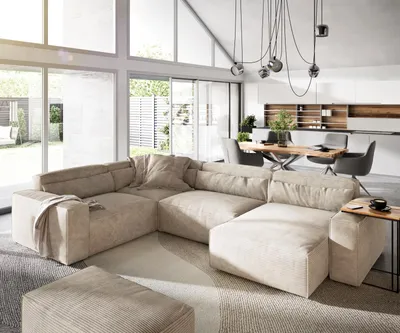 Produktbild von DELIFE Wohnlandschaft Sirpio 300x210 cm Cord Beige Recamiere variabel mit Hocker