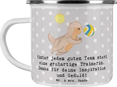 Produktbild von Mr. & Mrs. Panda Teebecher Volleyball Trainerin - Grau Pastell - Geschenk, Mentorin, Motivation, Teamgeist, Blechtasse, Sportart, becher emaille, Teetasse, gutes Team