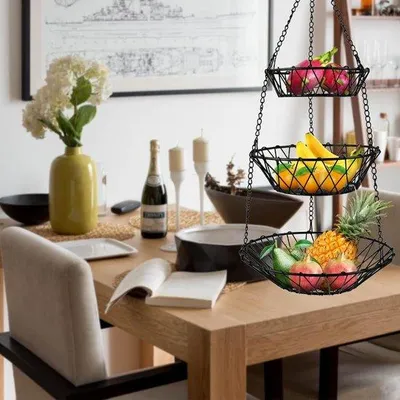 Image de Corbeille à fruits suspendue en métal, 3 niveaux, noire, réglable et amovible