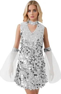 Zdjęcie produktu dla Damska suknia wieczorowa z cekinami rozmiar XL – kostium disco lata 60. i 70. błyszcząca suknia – suknia imprezowa karnawałowa rave clubwear