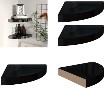 Obrázek produktu pro vidaXL Rohové plovoucí police 2 ks. MDF 25x25x3,8 cm, černý vysoký lesk - Nástěnná police - Nástěnné police - Plovoucí nástěnná police - Plovoucí nástěnná police