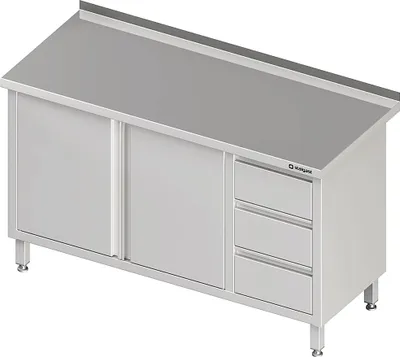 Produktbild von Arbeitsschrank mit Flügeltüren, 1300x600x850 mm, mit 3er Schubladenblock rechts, mit Aufkantung, verschweißt