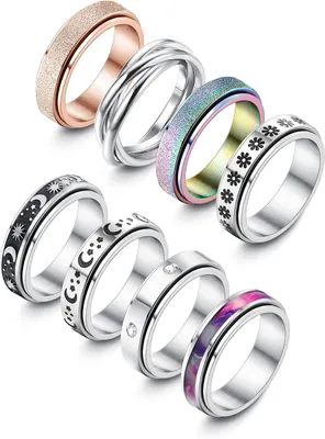 Imagen del producto de Juegos giratorios para aliviar el estrés - Set de 8 - Anillos de acero inoxidable para mujeres y hombres - Pulseras anties estrés