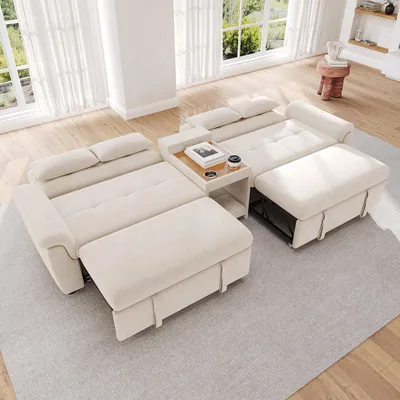 Produktbild von U-förmiges Schlafsofa ausziehbar Doppel-Schlafauszug verstellbare Rückenlehne Haustierbereich Couchtisch mit 2 Becherhaltern 4 Kissen Chenille