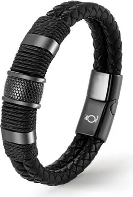 Produktbild von UNIQAL | Schwarzes Lederarmband Herren "PREMIUM STYLE" geflochten mit Magnetverschluß | Edelstahl, Echtleder | Etui Box Gratis | Farbe: Schwarz | Länge: 21 cm