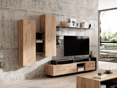 Produktbild von Wohnwand ALVA 260 cm Schrankwand Wohnzimmer-Set Eiche Craft Gold / Anthrazit