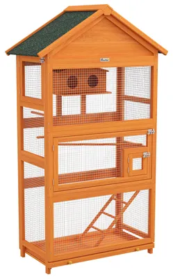 Produktbild von Voliere mit 3 Tš¹ren, inklusive kleinem H?uschen, Leiter und Plattform, aus Holz und Metall, 92 x 52 x 171 cm, orange und grš¹n