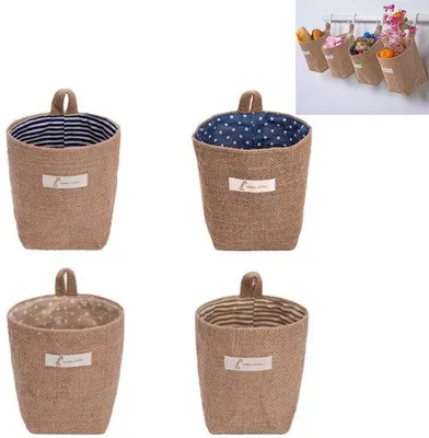 Immagine prodotto di Confezione da quattro sacchetti portaoggetti da parete, in cotone e lino, portaoggetti pieghevole da parete, valigetta organizzativa per la famiglia, portaoggetti da parete di dimensioni 12x10x13,5 cm.