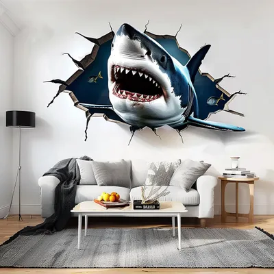 Produktbild von Decords Wandtattoo – Weißer Hai im 3D-Mauerriss, 300 cm