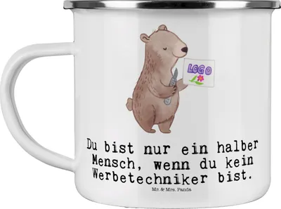 Produktbild von Mr. & Mrs. Panda Emaille Tasse Werbetechniker Herz - Weiß - Geschenk, Becher, Haferl, Teetasse, Campingbecher, Kaffeepott