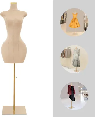Image de Mannequin de couture pour femmes - Buste demi-corps - Avec support - Réglable en hauteur de 150 à 210 cm - Bois - Marron
