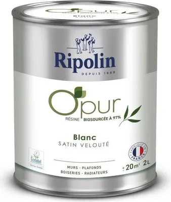 Zdjęcie produktu dla Farba do ścian, drewna i grzejników RIPOLIN, Biała Satyna Velouté, 2 L, 97% Żywica Biosourcée, Ecolabel