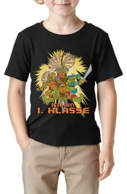 Produktbild von Spreadshirt Teenage Mutant Ninja Turtles Einschulung Kinder Basic T-Shirt, 110/116 (5-6 Jahre), Schwarz