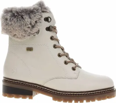 A white winter boot with fur trim.