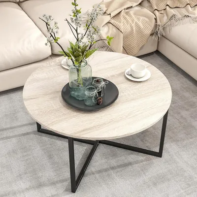 Image de Table basse ronde noire/chêne teck, Structure stable en acier, Montage facile, Design industriel