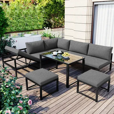 Produktbild von Garten Lounge Set: Aluminium-Sitzgruppe mit 4-fach verstellbarer Rückenlehne, weichen Polstern, 3-Sitzer, 2-Sitzer, 2 Hocker, Tisch, grau