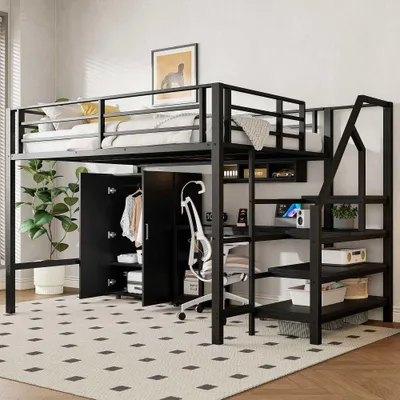 Produktbild von Weißes Hochbett mit Kleiderschrank, Regale, Schreibtisch und Ablageleiter, ideal für Jugendzimmer, ohne Matratze, 140x200 cm, Schwarz