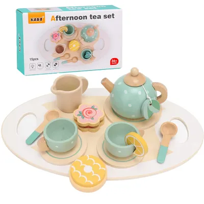 Productafbeelding van Houten theeset speelgoed voor kinderen, 15-delig. Verkleedspel set voor een middagthee feestje. Educatief rollenspel voor peuters, meisjes en jongens