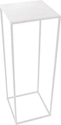 A white metal plant stand with a square top and base, shown against a white background.