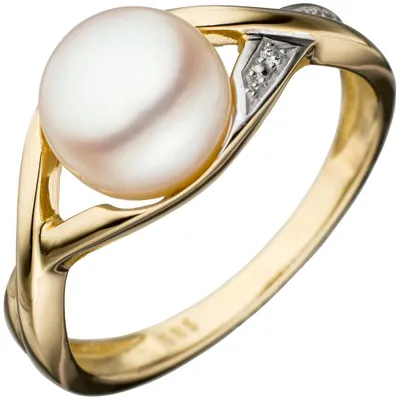 Produktbild von Ring Damenring mit Perle Süßwasser Zuchtperle weiß 585 Gold Gelbgold bicolor Innenumfang 60mm  Ø19.1mm